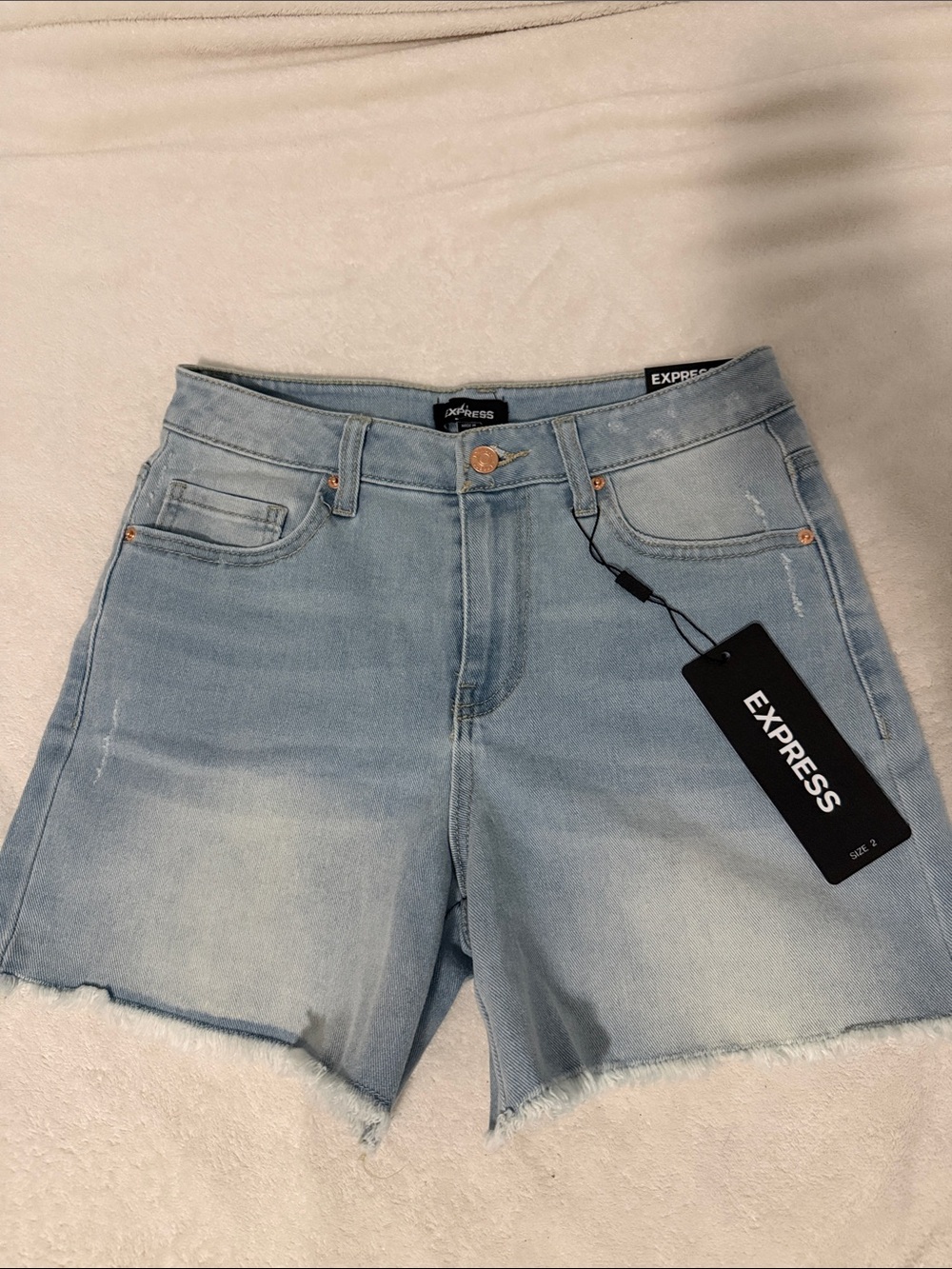 Express Light Blue Frayed Hem Denim Shorts